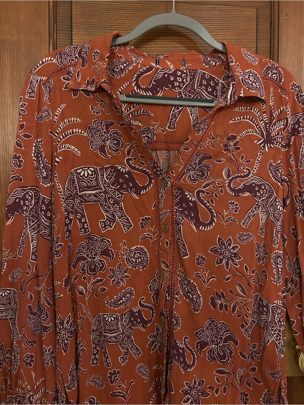Women’s Artsy Orange Button Down Blouse with Paisley Elephant print - Small
